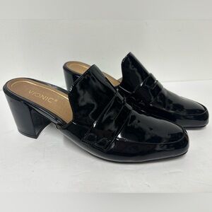 VIONIC Annnabel Black Patent Leather Heeled Mules Clogs Women’s Size 7 1/2